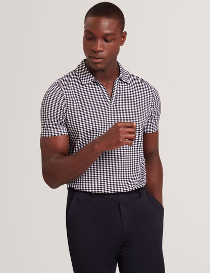 Ted Baker MATEJOO - Navy Mini Check Open Neck Cotton Polo Shirt