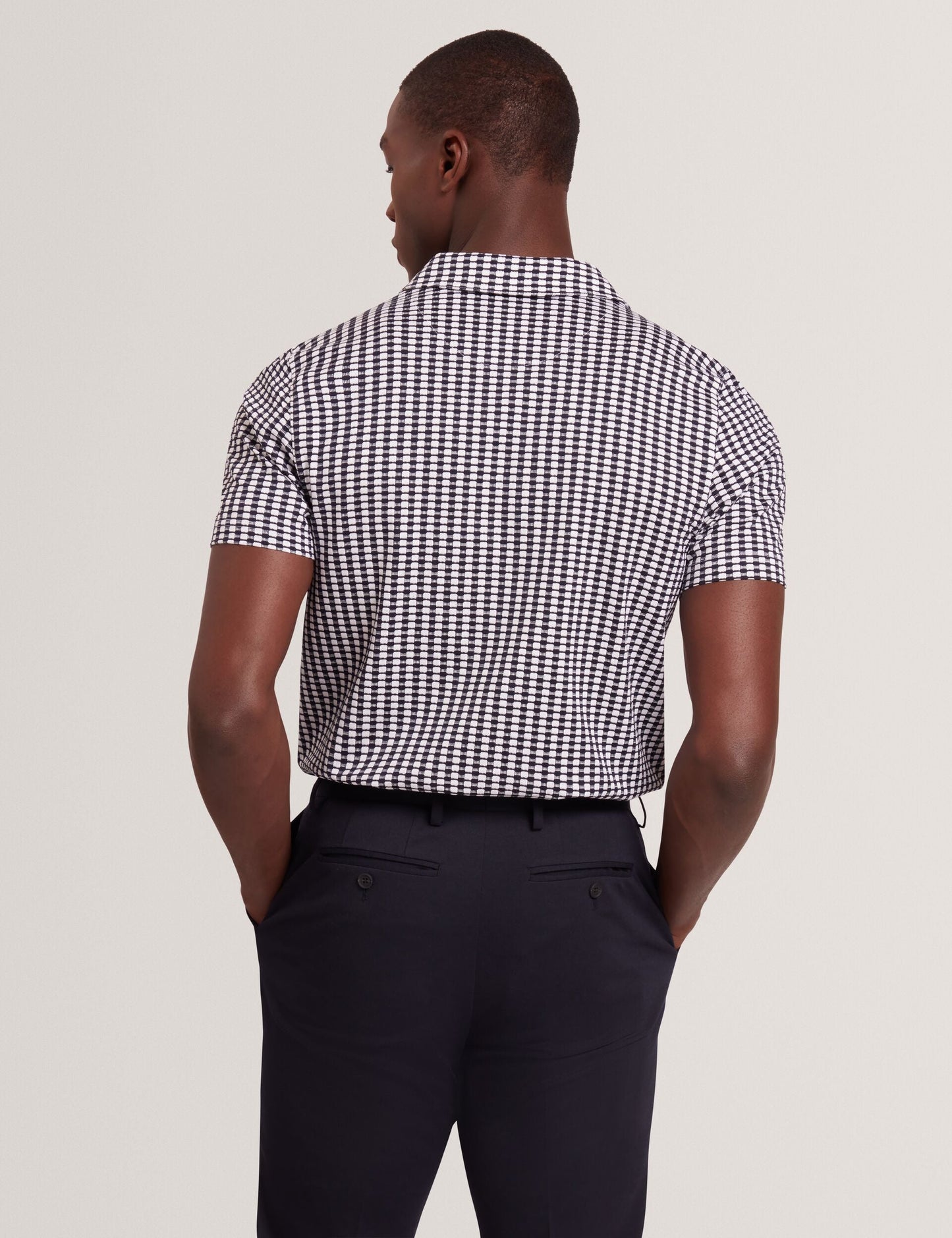 Ted Baker MATEJOO - Navy Mini Check Open Neck Cotton Polo Shirt