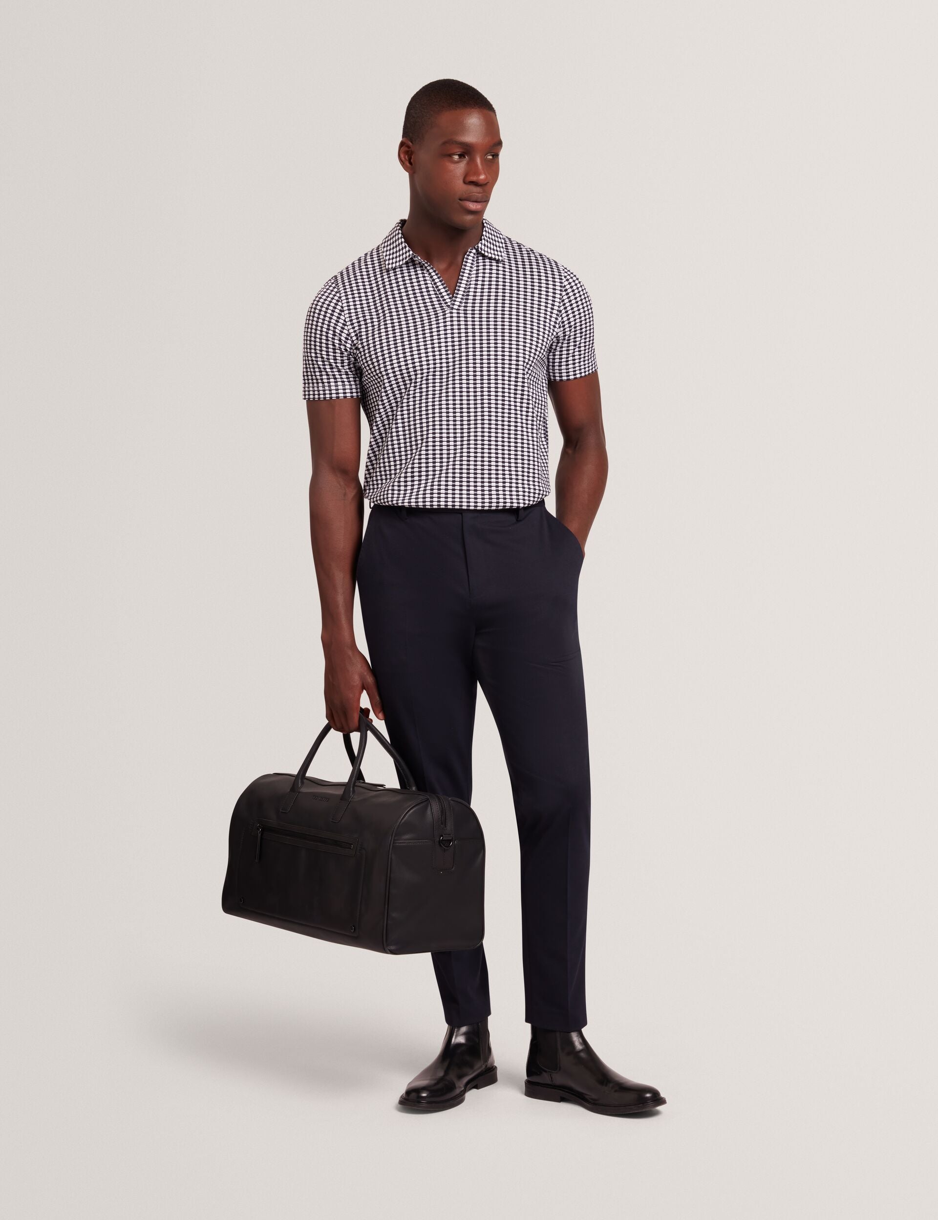 Ted Baker MATEJOO - Navy Mini Check Open Neck Cotton Polo Shirt