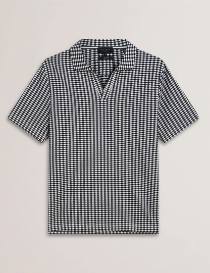 Ted Baker MATEJOO - Navy Mini Check Open Neck Cotton Polo Shirt
