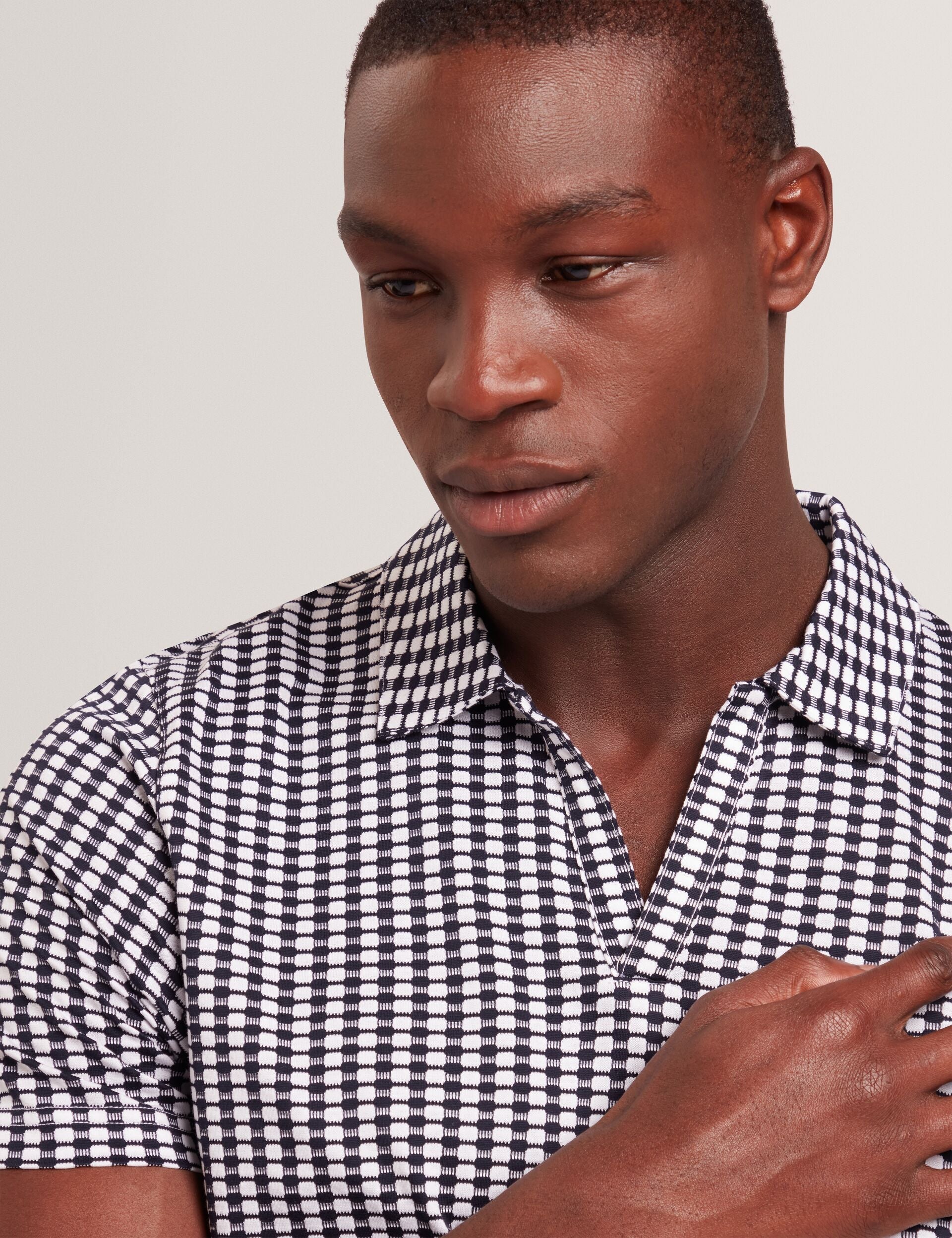 Ted Baker MATEJOO - Navy Mini Check Open Neck Cotton Polo Shirt