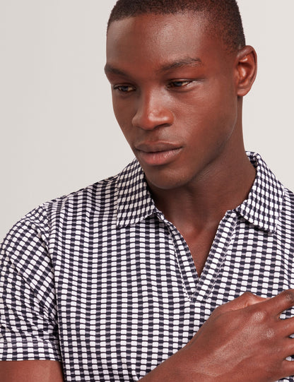 Ted Baker MATEJOO - Navy Mini Check Open Neck Cotton Polo Shirt