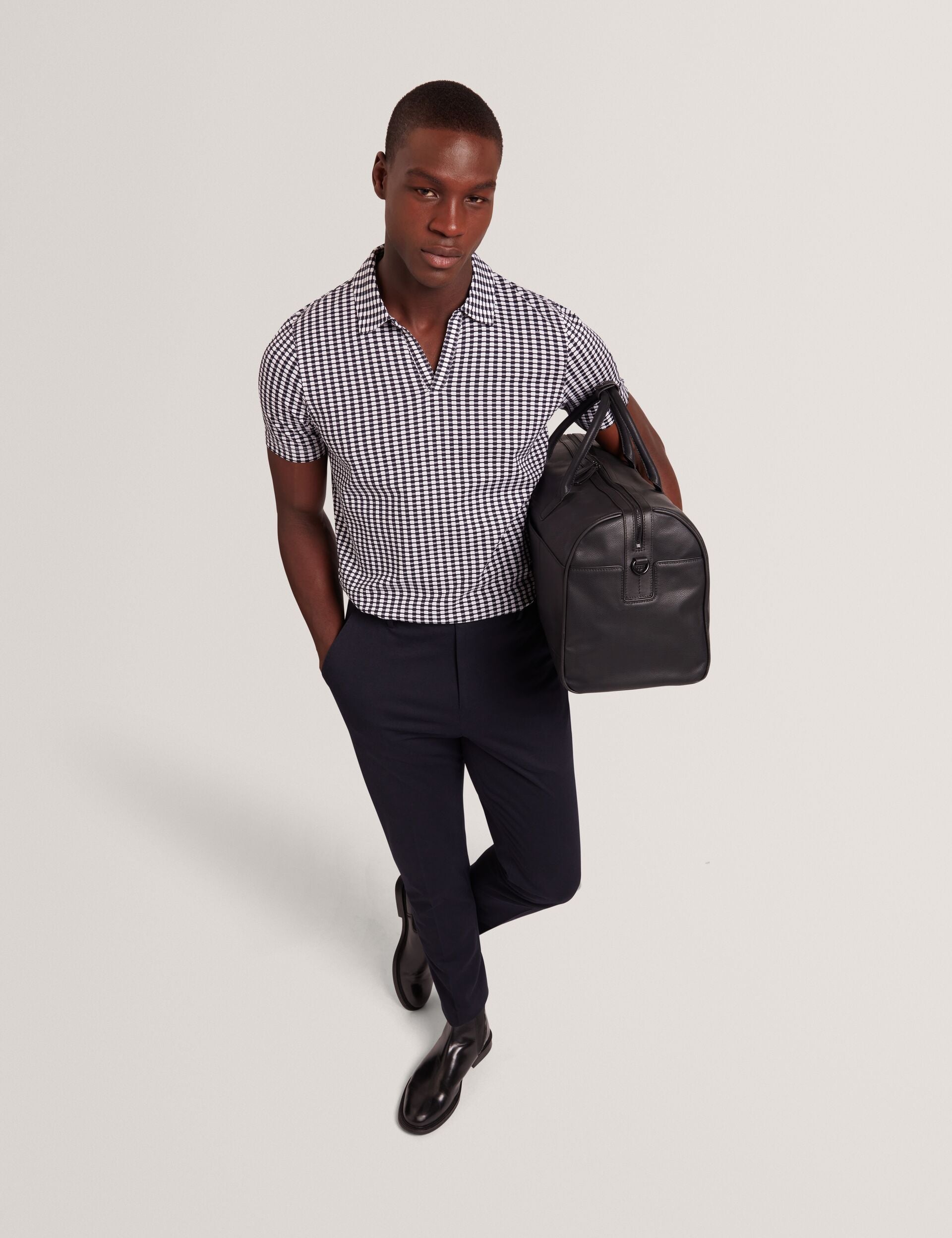 Ted Baker MATEJOO - Navy Mini Check Open Neck Cotton Polo Shirt