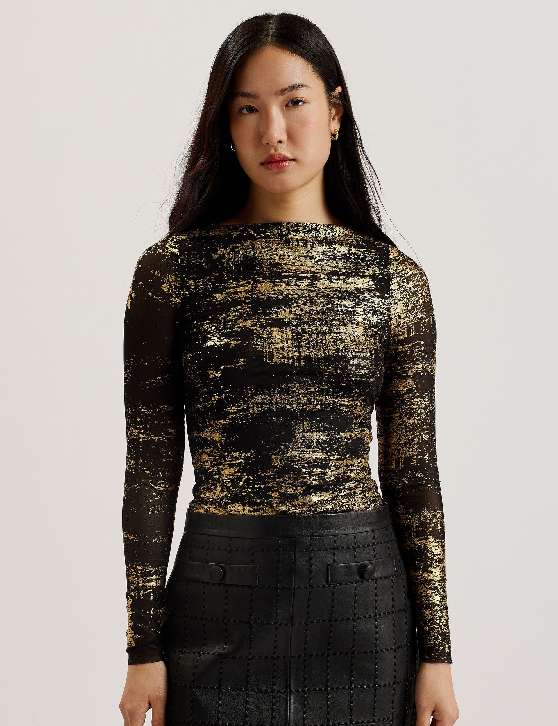 Ted Baker KARENHA - Foil Printed Slash Neck Mesh Top