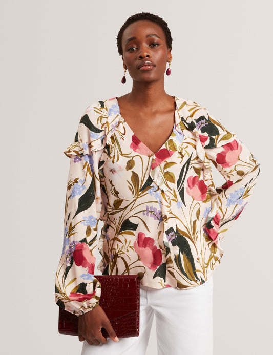 Ted Baker MINASA - Floral Print Frill Trim Long Sleeve Blouse