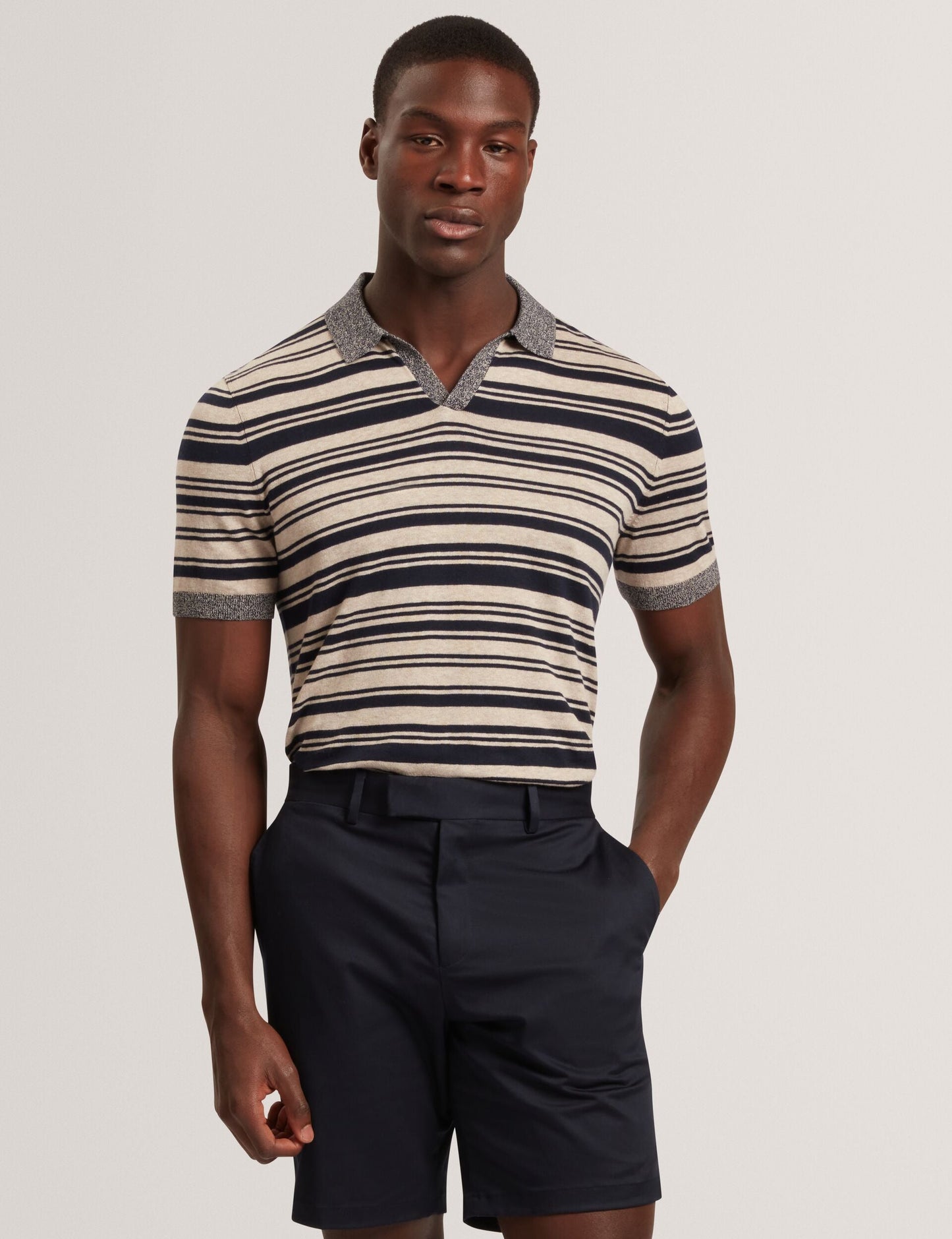 Ted Baker BRODI Striped Linen Blend Knitted Polo Shirt