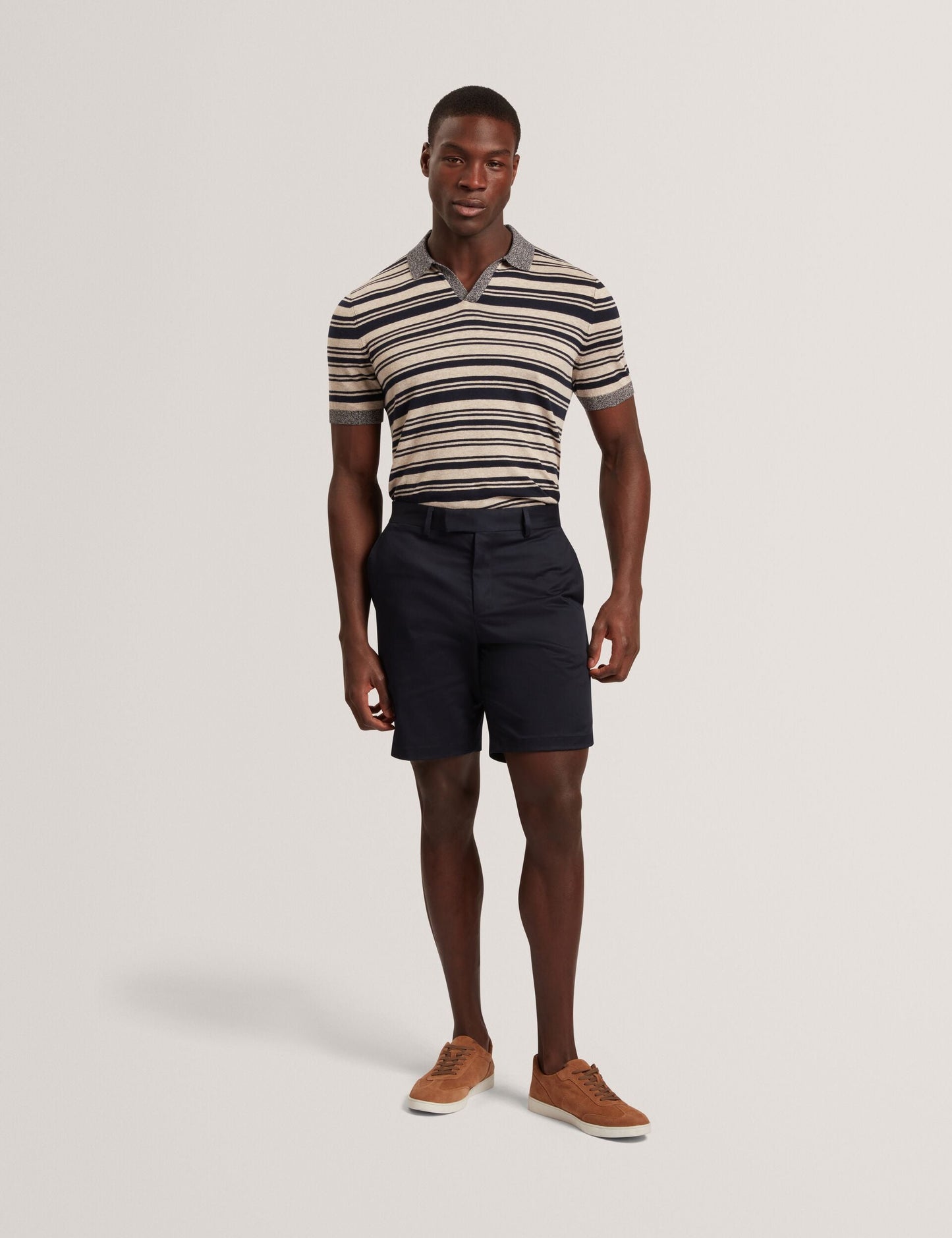 Ted Baker BRODI Striped Linen Blend Knitted Polo Shirt