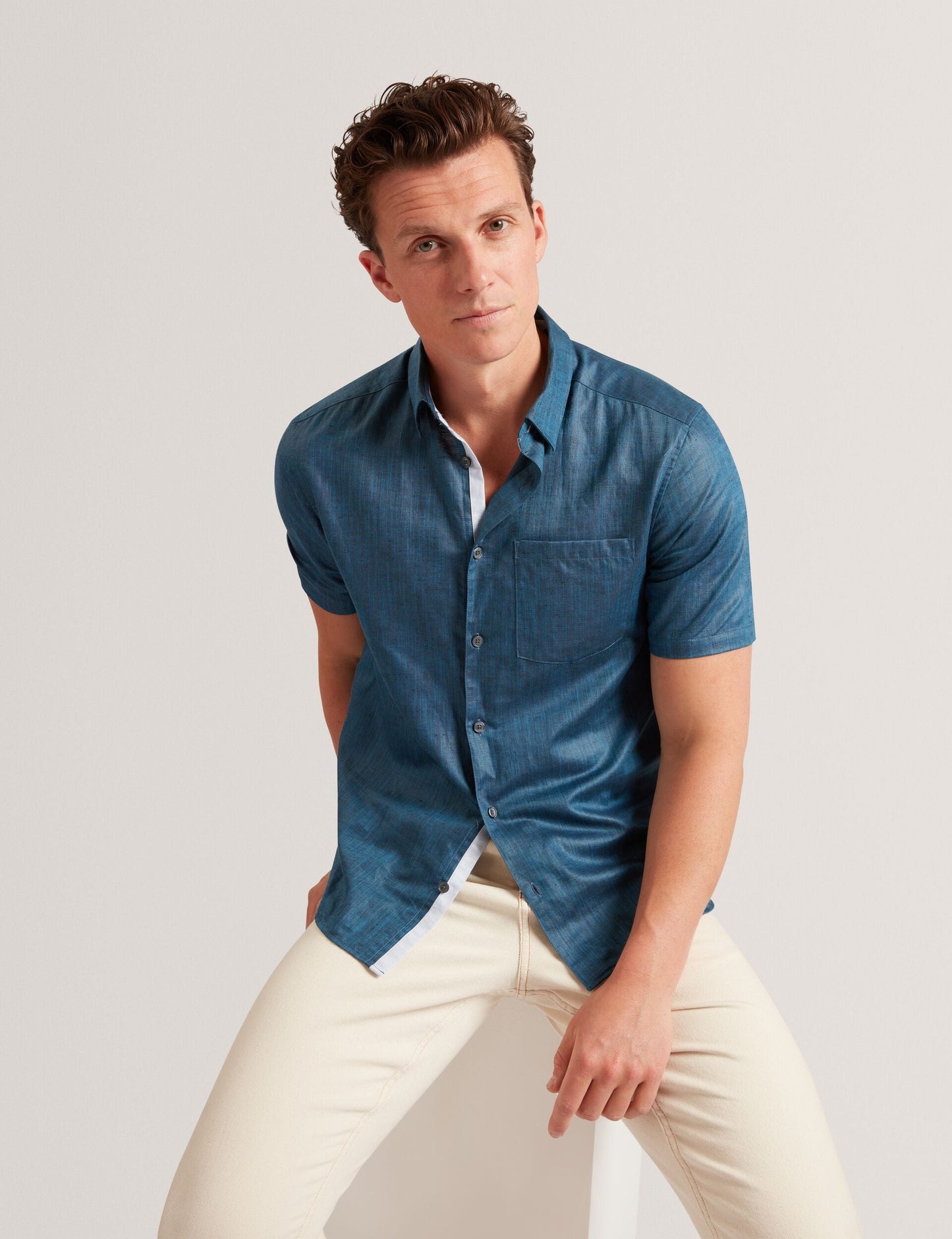 Ted Baker Navy Short Sleeve Textured Linen Cotton Shirt | PALOMAS | Ted Baker