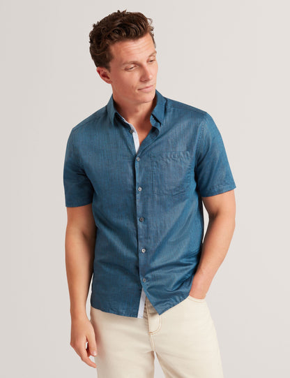 Ted Baker Navy Short Sleeve Textured Linen Cotton Shirt | PALOMAS | Ted Baker