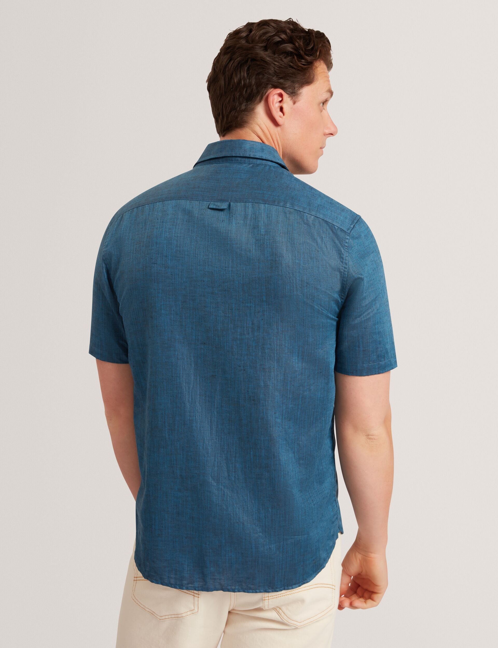 Ted Baker Navy Short Sleeve Textured Linen Cotton Shirt | PALOMAS | Ted Baker