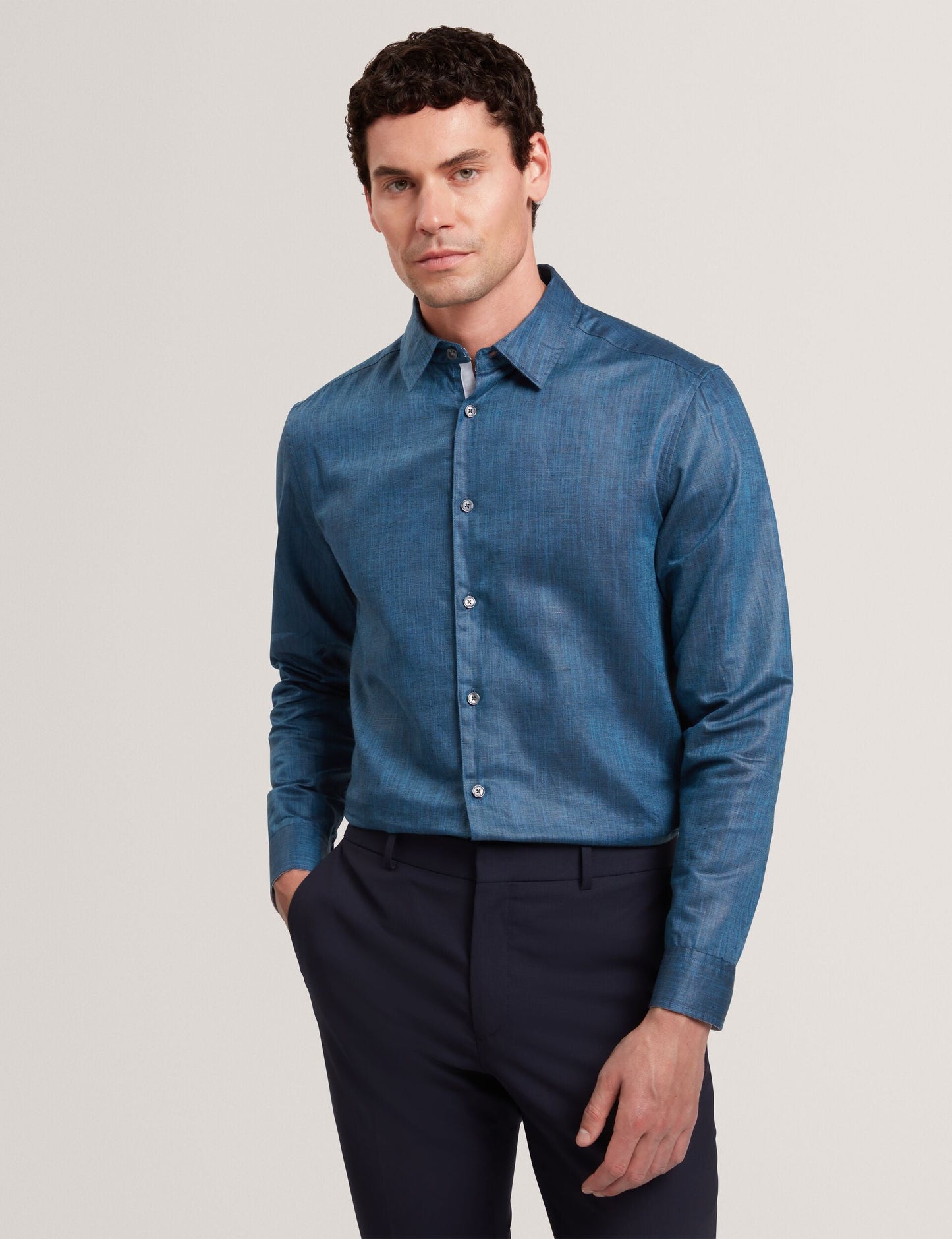 Ted Baker ROMEOS - Blue Regular Fit Cotton Linen Long Sleeve Shirt
