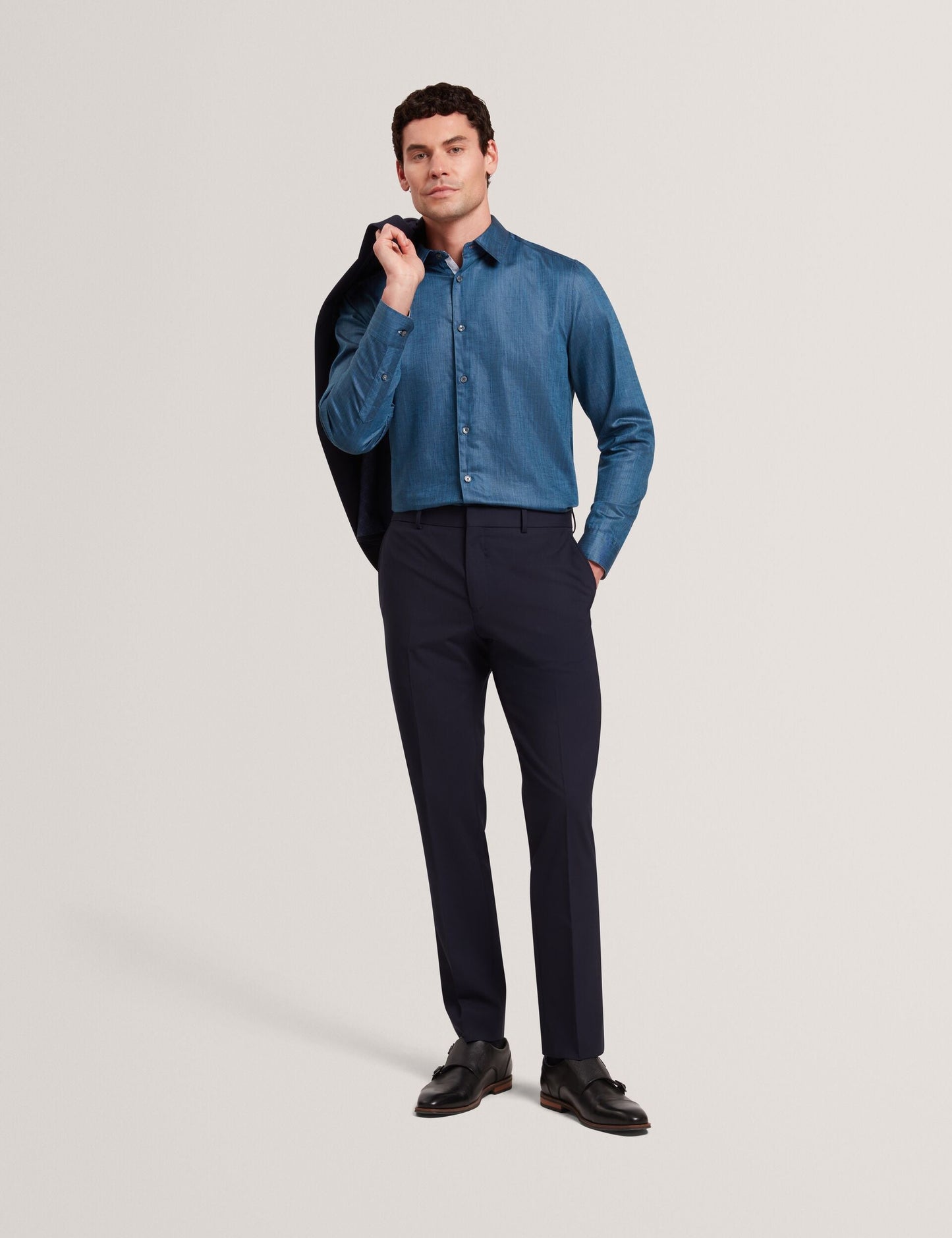 Ted Baker ROMEOS - Blue Regular Fit Cotton Linen Long Sleeve Shirt