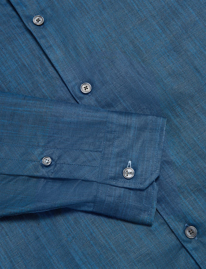 Ted Baker ROMEOS - Blue Regular Fit Cotton Linen Long Sleeve Shirt