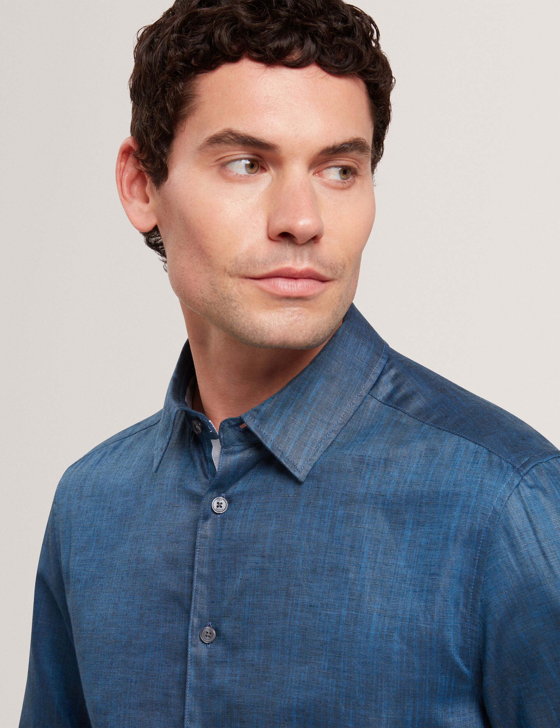 Ted Baker ROMEOS - Blue Regular Fit Cotton Linen Long Sleeve Shirt