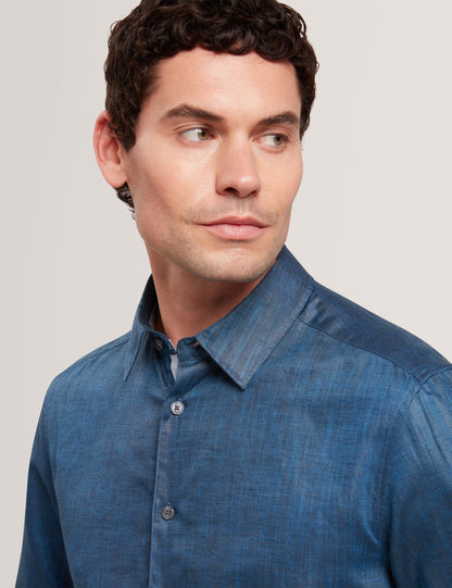 Ted Baker ROMEOS - Blue Regular Fit Cotton Linen Long Sleeve Shirt