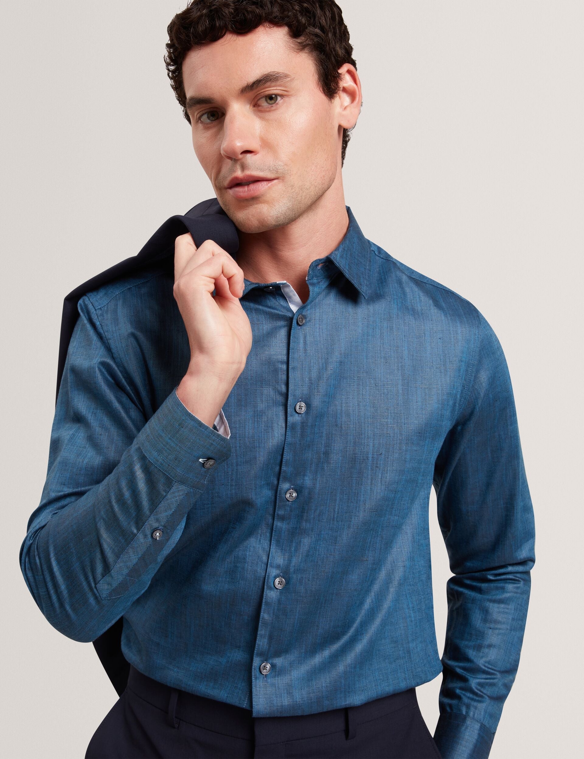 Ted Baker ROMEOS - Blue Regular Fit Cotton Linen Long Sleeve Shirt