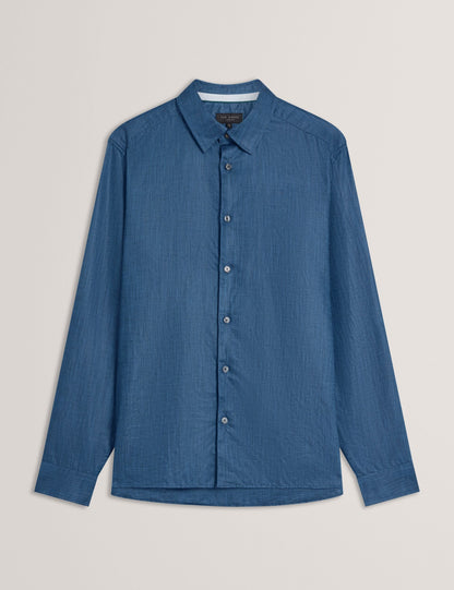 Ted Baker ROMEOS - Blue Regular Fit Cotton Linen Long Sleeve Shirt