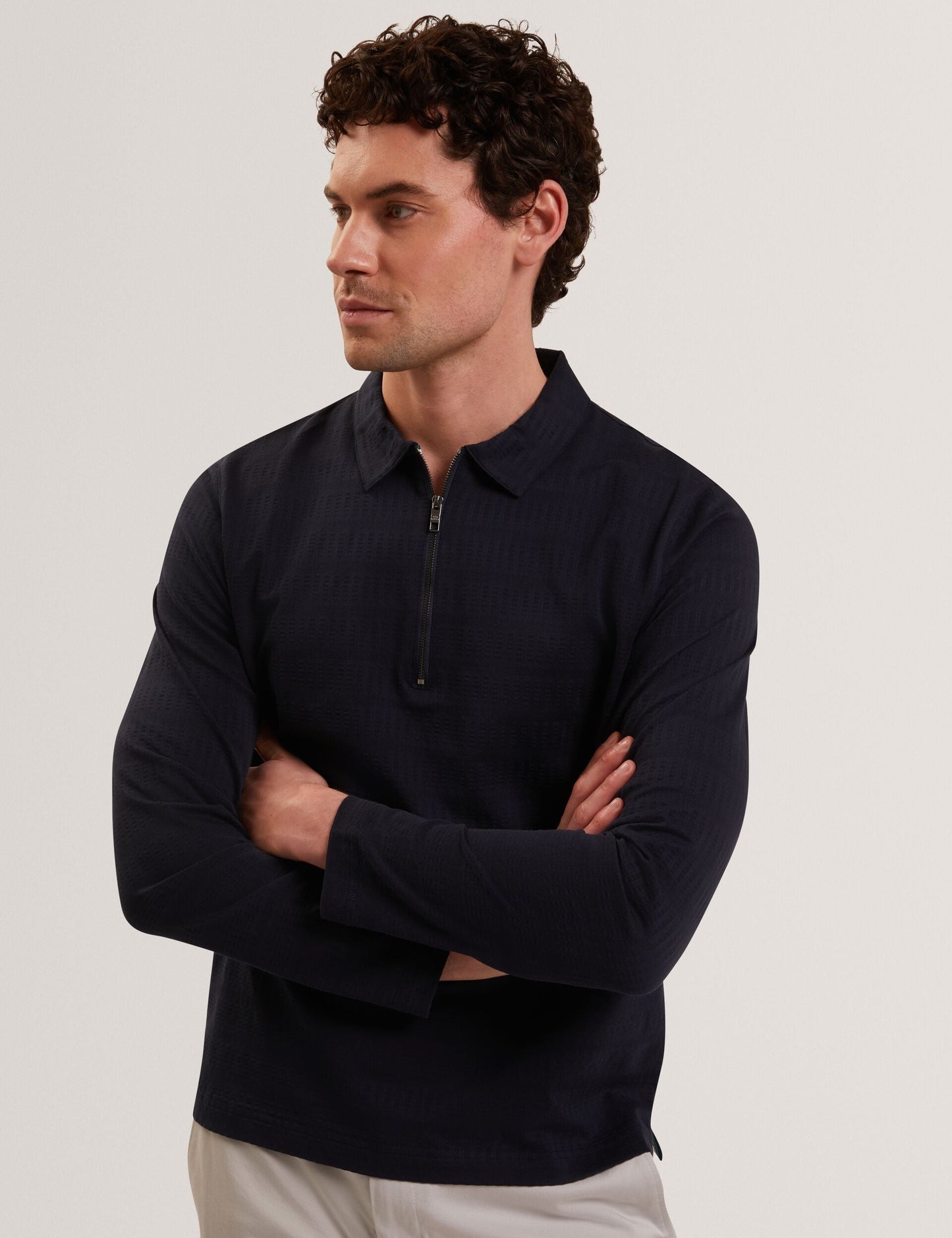 Ted Baker WYTHER Mixed Texture Zip Neck Long Sleeve Polo