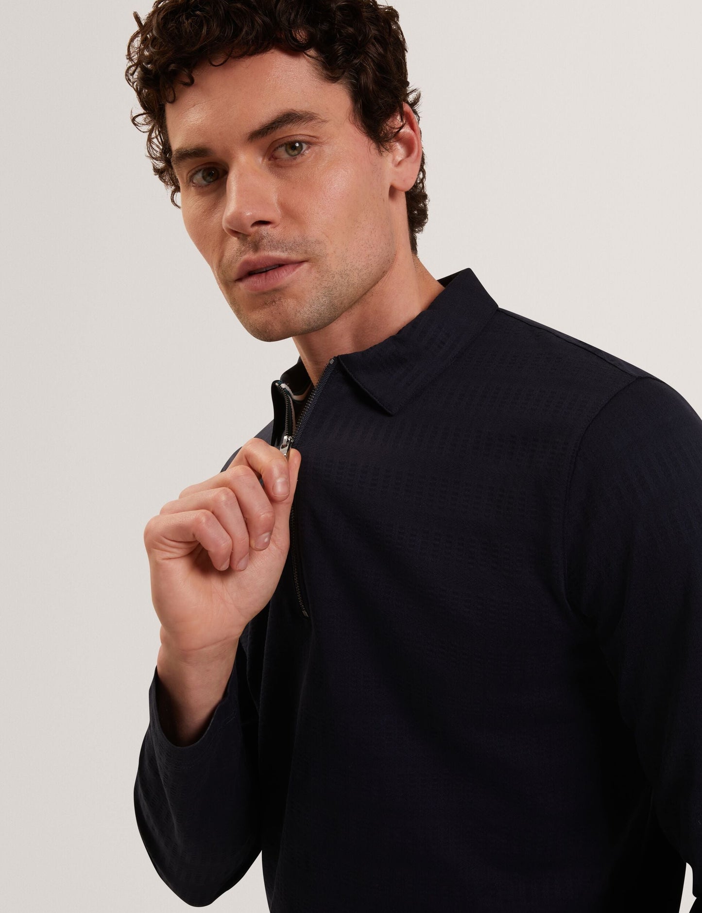 Ted Baker WYTHER Mixed Texture Zip Neck Long Sleeve Polo