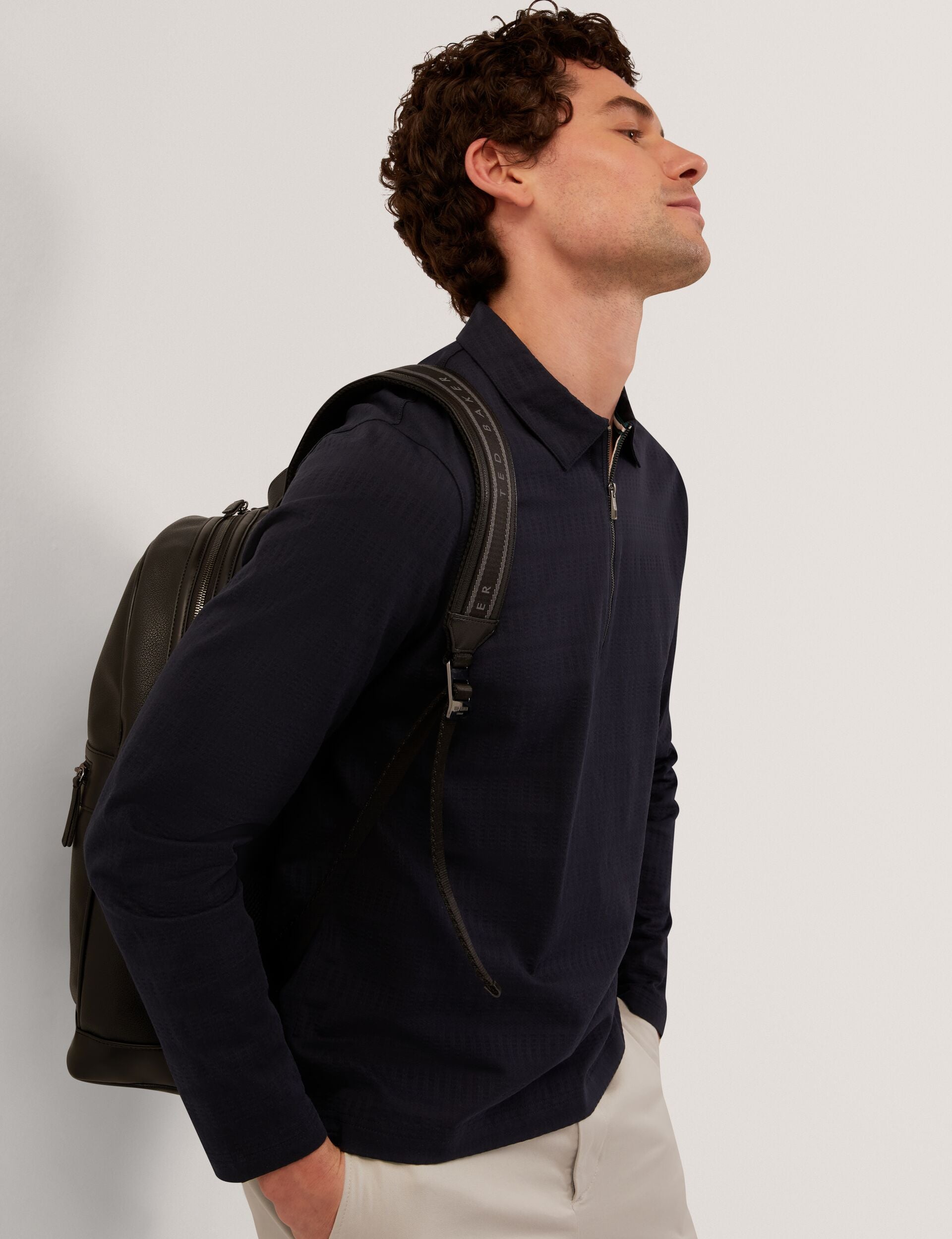 Ted Baker WYTHER Mixed Texture Zip Neck Long Sleeve Polo