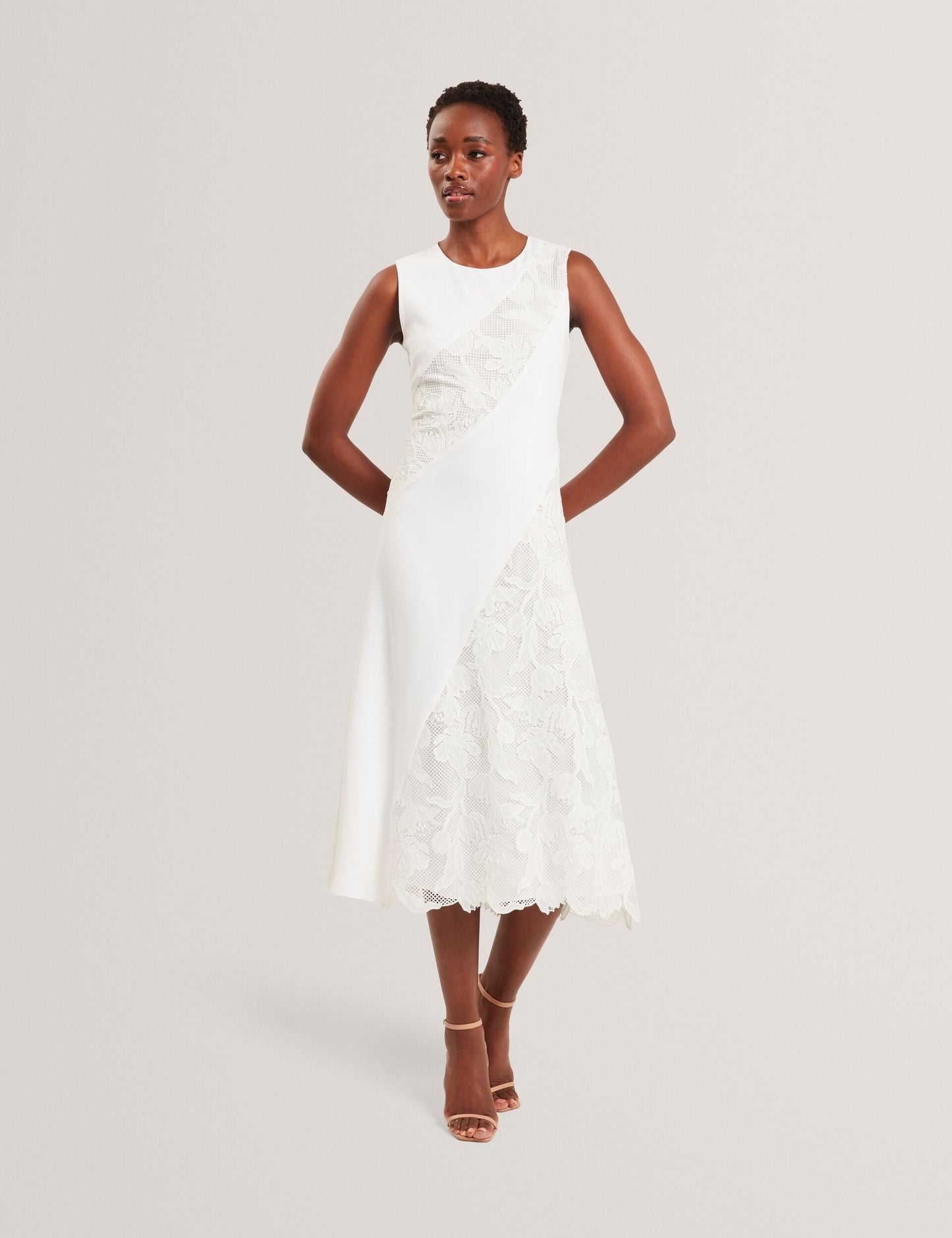 Ted Baker SLEEVELESS LACE APPLIQUE MIDI DRESS - White
