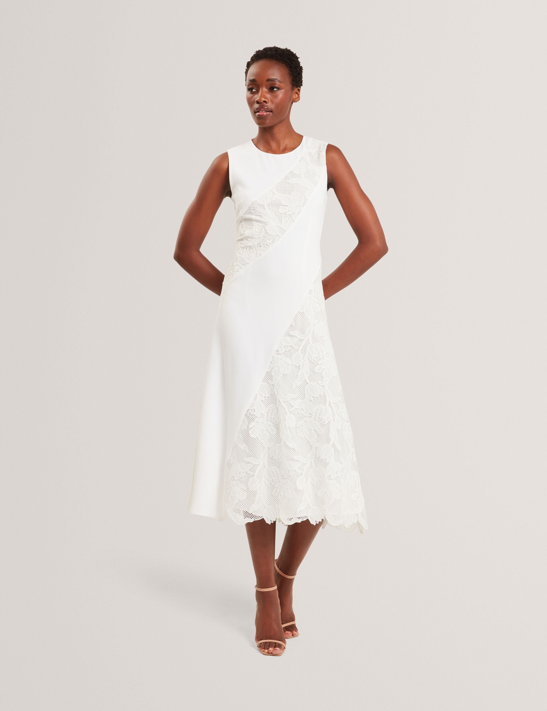 Ted Baker SLEEVELESS LACE APPLIQUE MIDI DRESS - White