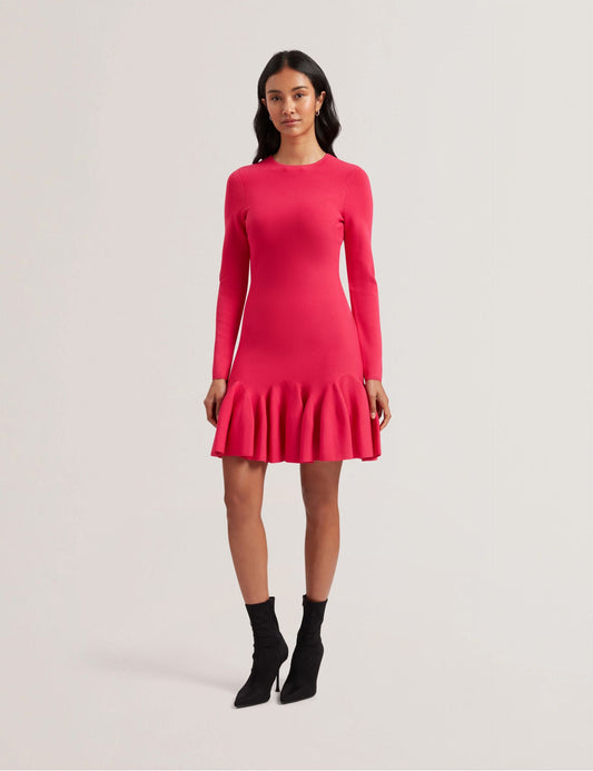 Ted Baker LOISSS - Flounce Hem Long Sleeve Knitted Mini Dress