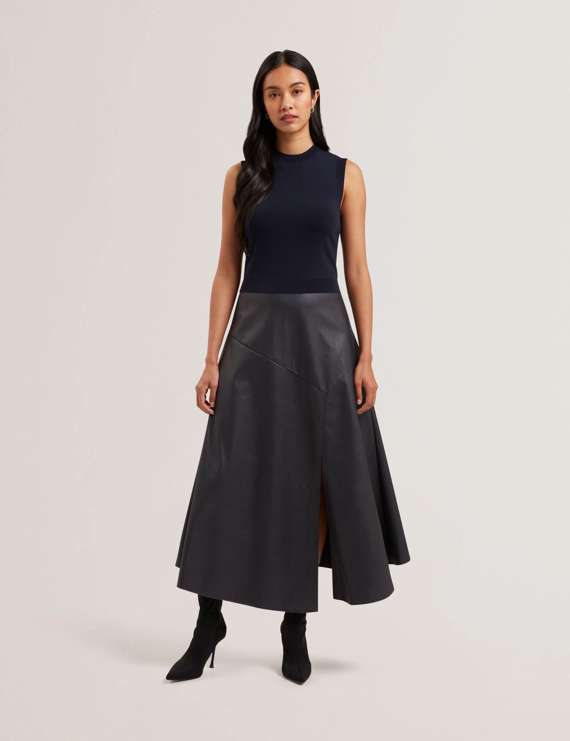Ted Baker LABASA - Sleeveless Knit Faux Leather Midi Dress