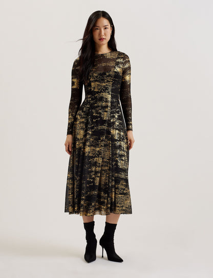 Ted Baker JUNHAA - Foil Print Long Sleeve Mesh Midi Dress