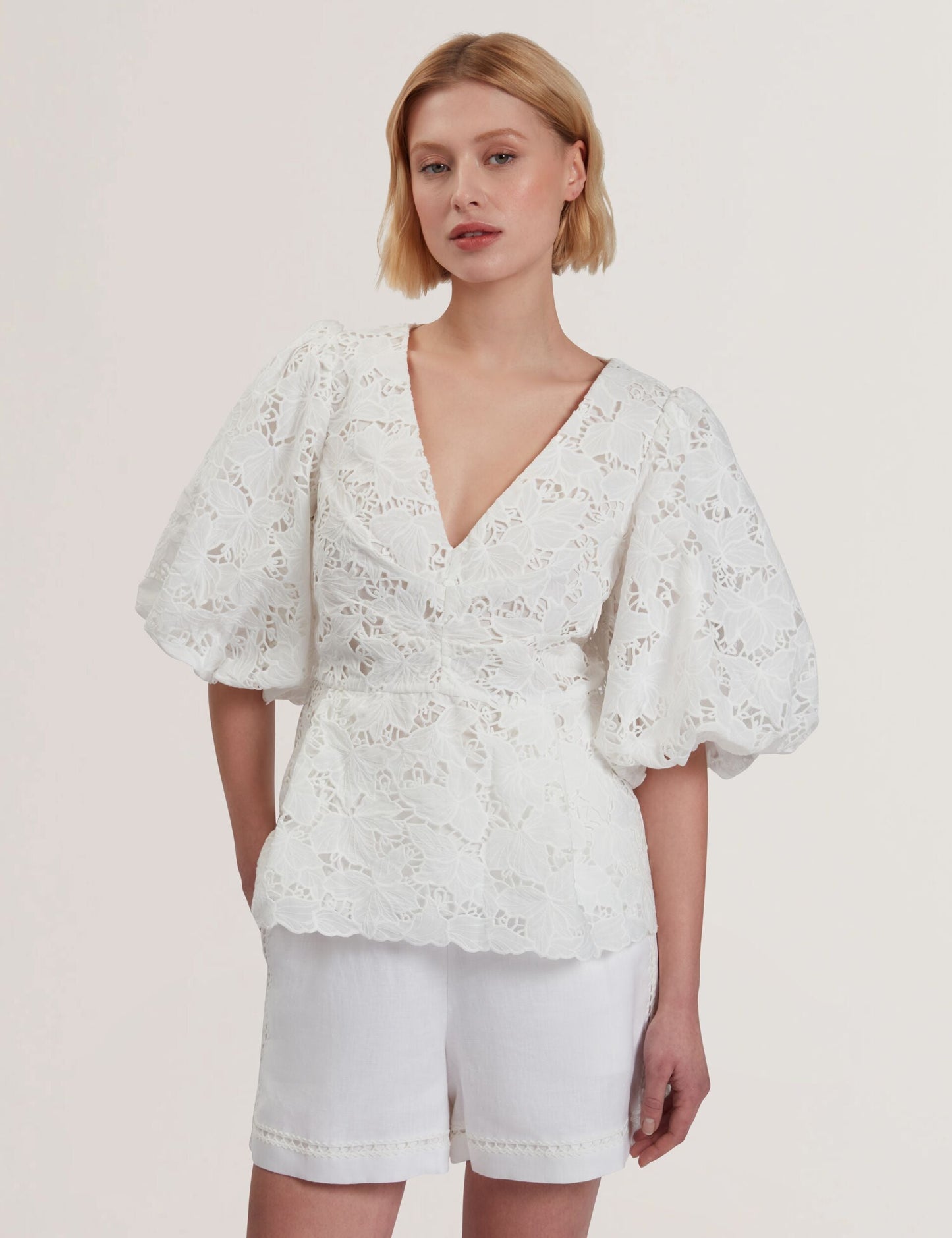 Ted Baker ELLARI - Lace Puff Sleeve V-Neck Peplum Top