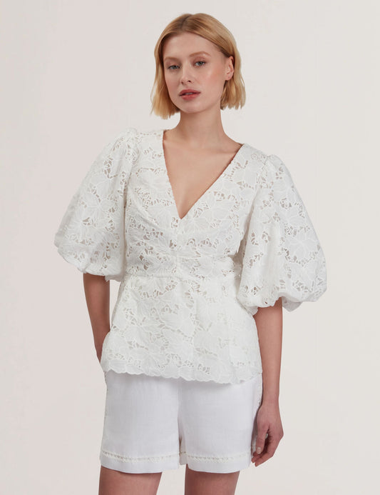 Ted Baker ELLARI - Lace Puff Sleeve V-Neck Peplum Top
