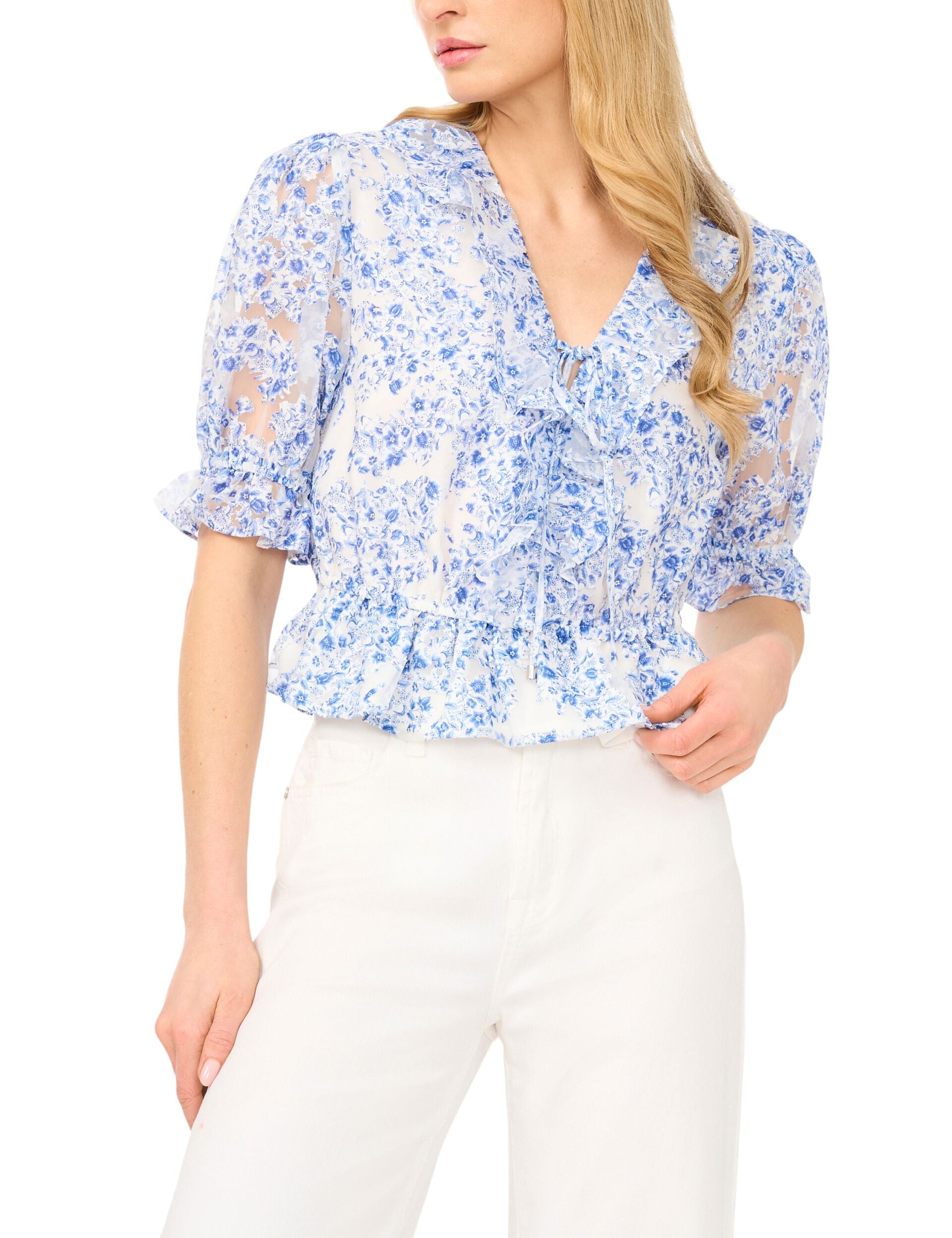 Ted Baker CLARISE Floral Ruffled V-Neck Cropped Blouse