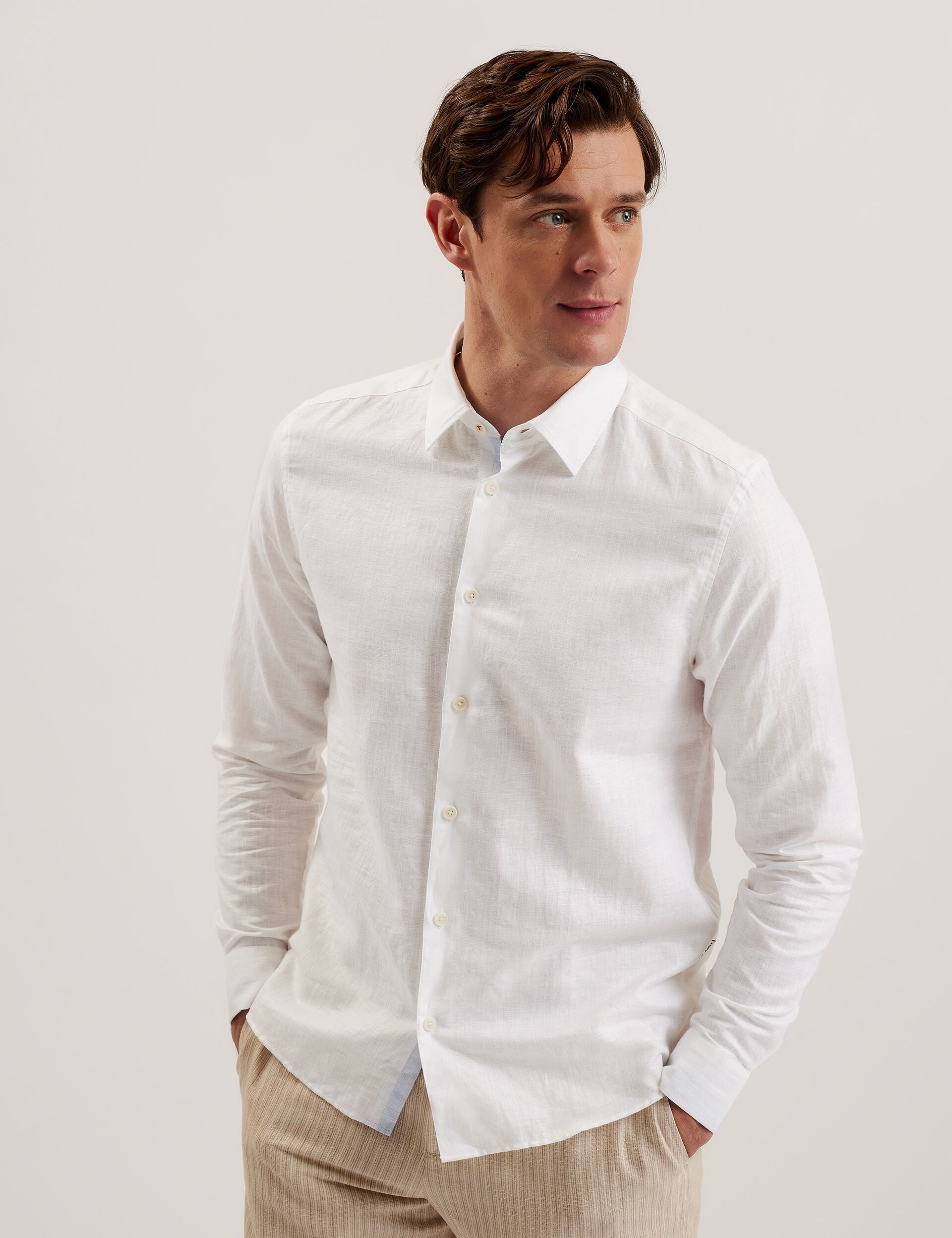 Ted Baker ROMEOS - White Regular Fit Cotton Linen Long Sleeve Shirt