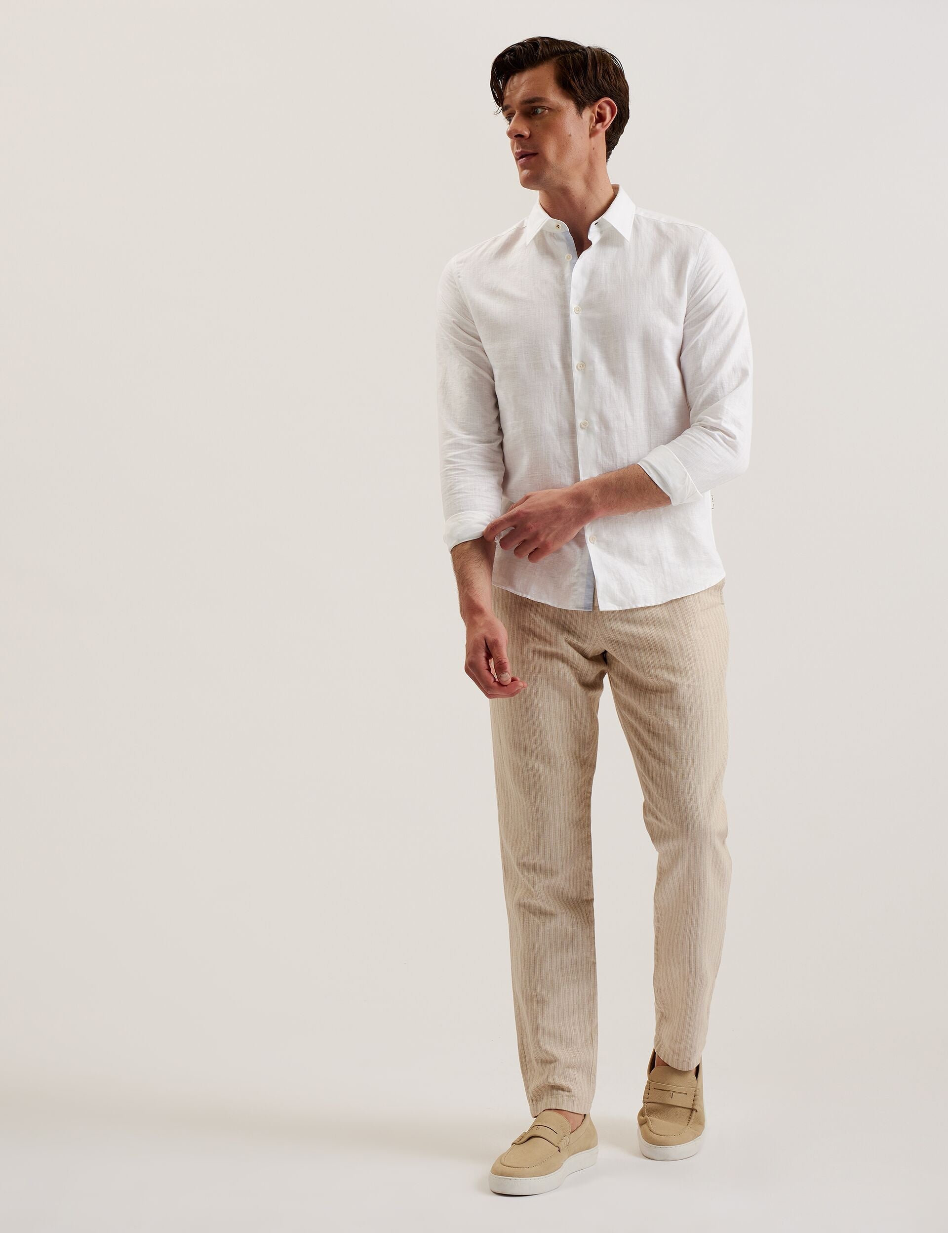Ted Baker ROMEOS - White Regular Fit Cotton Linen Long Sleeve Shirt
