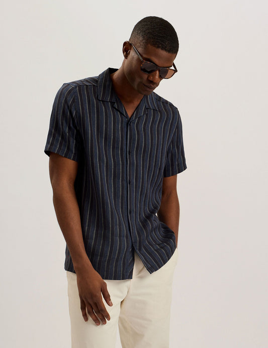 Ted Baker FRANCOI - Striped Cotton Linen Short Sleeve Shirt