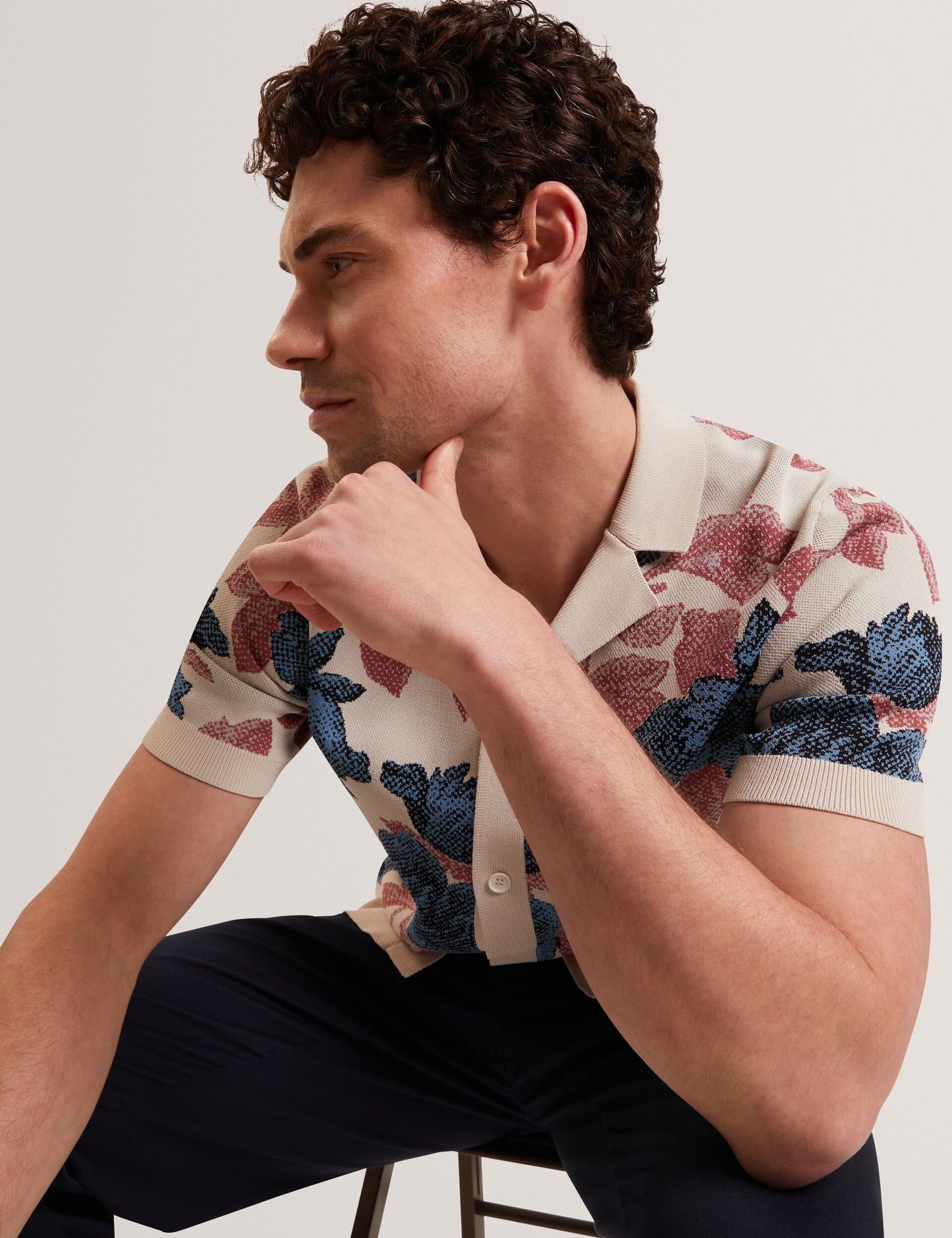 Ted Baker ASHQARA Shaded Floral Knit Button-Through Polo Shirt