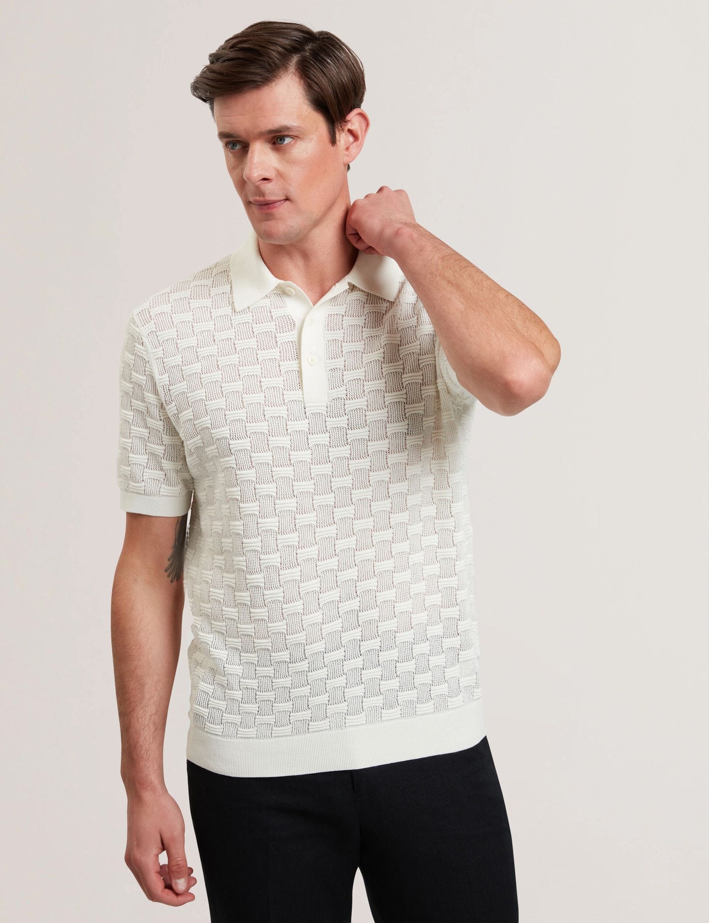 Ted Baker WATERBY - White Textured Knit Silk Cotton Polo Shirt