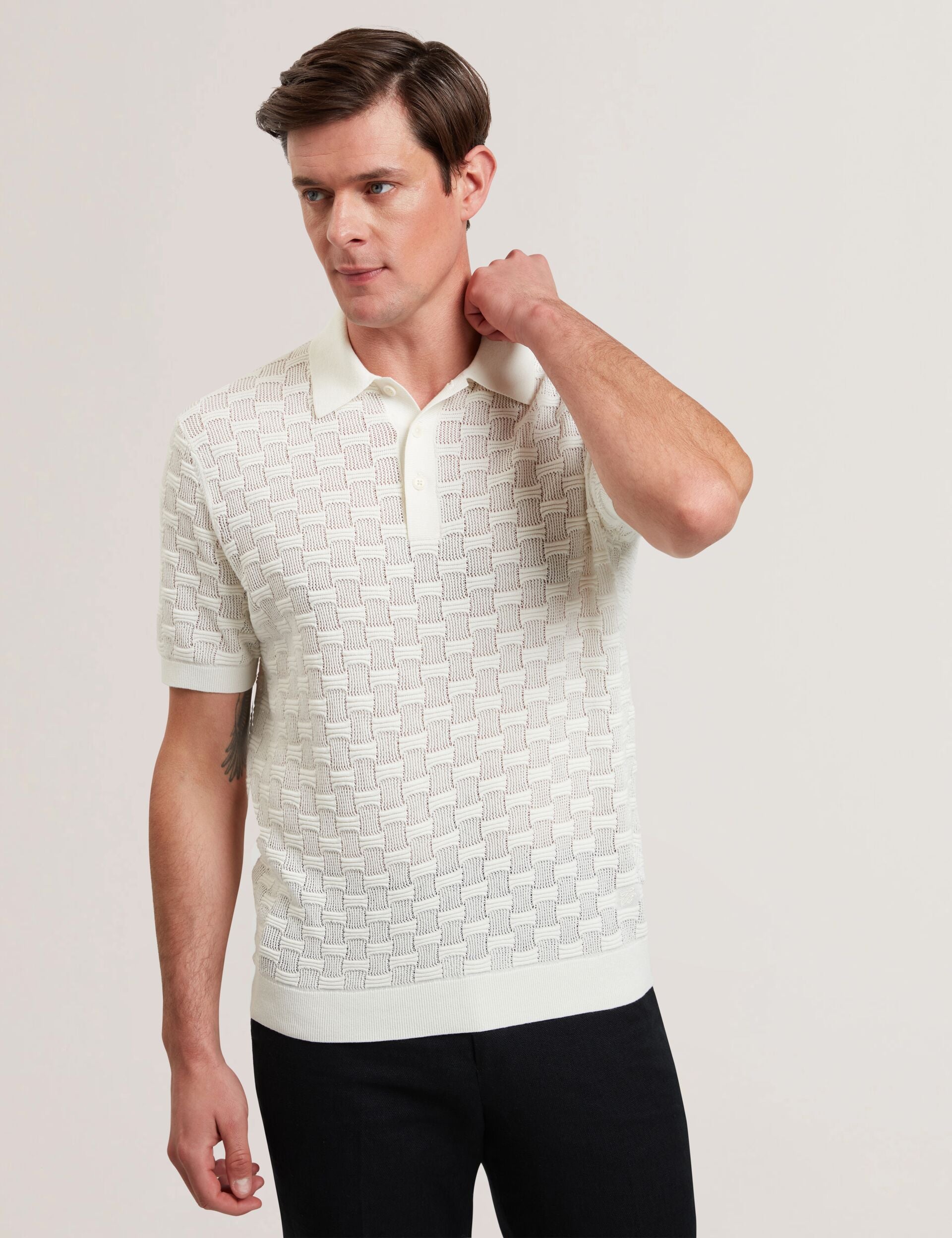 Ted Baker WATERBY - White Textured Knit Silk Cotton Polo Shirt