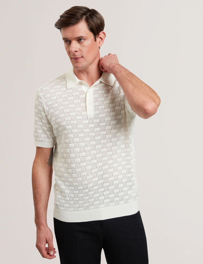 Ted Baker WATERBY - White Textured Knit Silk Cotton Polo Shirt