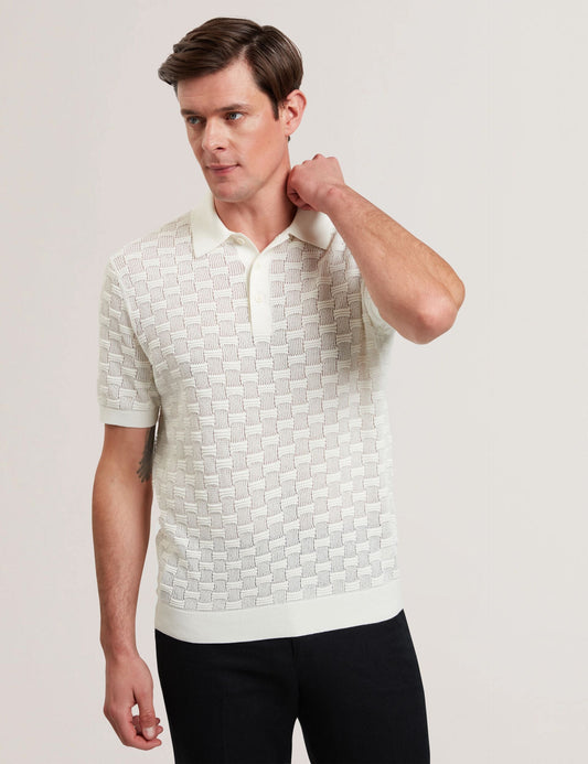 Ted Baker WATERBY - White Textured Knit Silk Cotton Polo Shirt