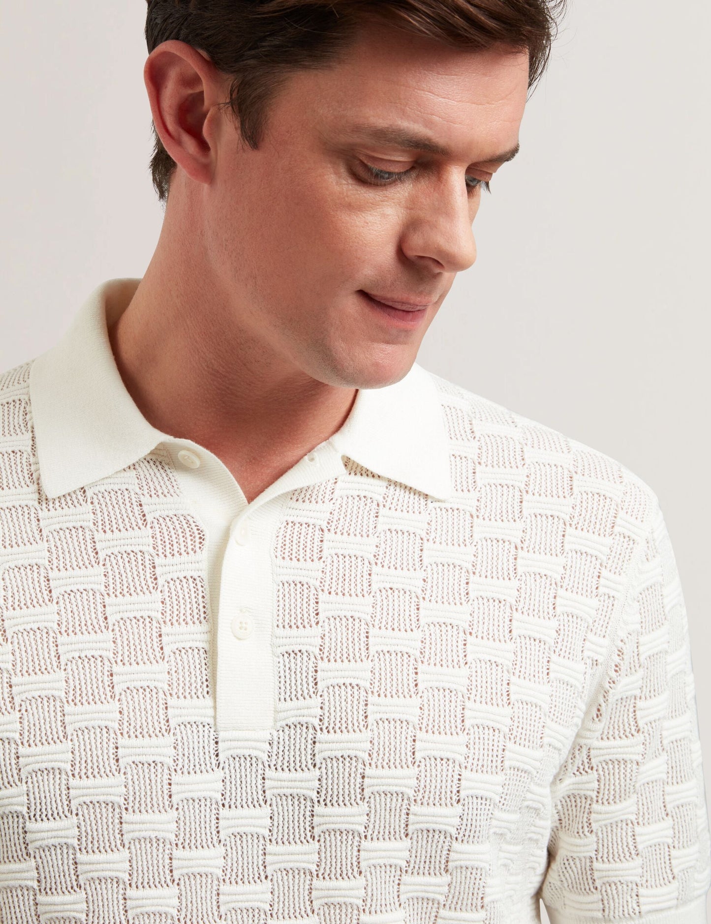Ted Baker WATERBY - White Textured Knit Silk Cotton Polo Shirt