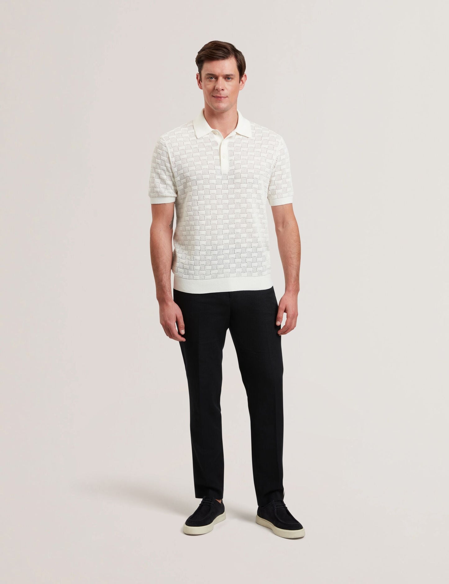 Ted Baker WATERBY - White Textured Knit Silk Cotton Polo Shirt