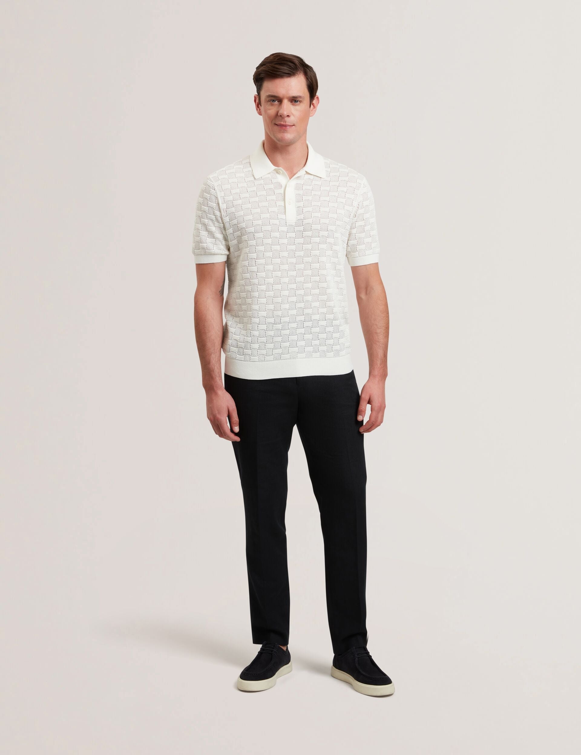 Ted Baker WATERBY - White Textured Knit Silk Cotton Polo Shirt