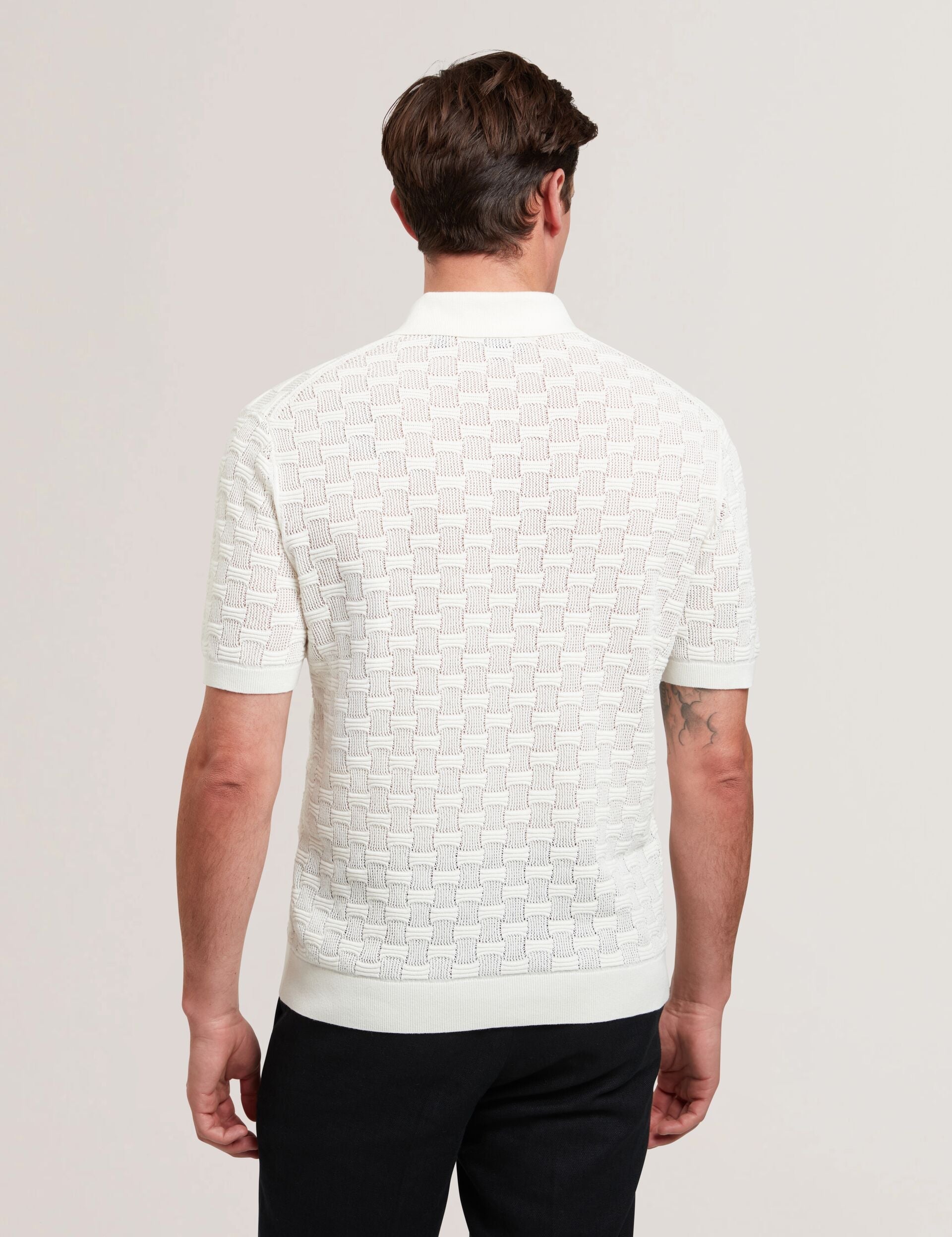 Ted Baker WATERBY - White Textured Knit Silk Cotton Polo Shirt