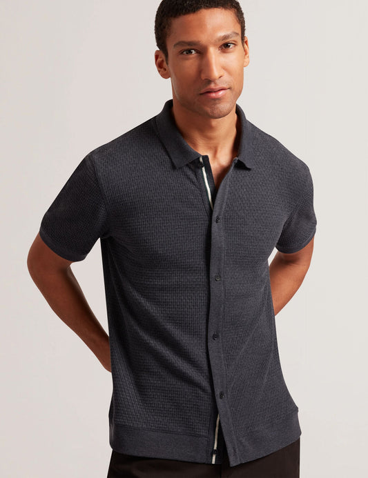 Ted Baker CONNYR Textured Knit Button-Through Polo Shirt in Navy