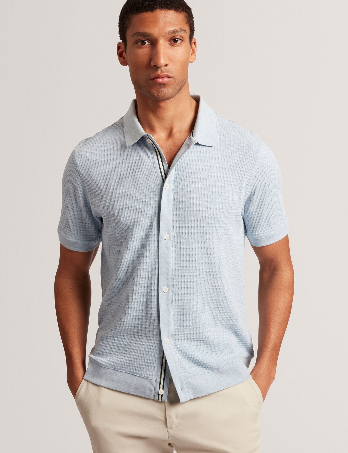 Ted Baker CONNYR Textured Knit Button-Through Polo Shirt in Mid Blue