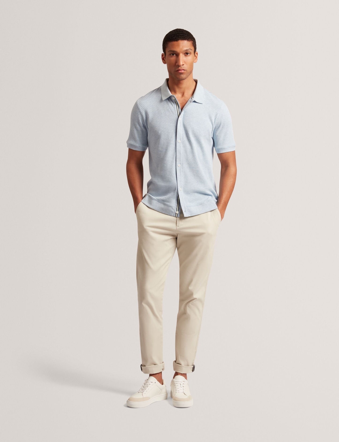 Ted Baker CONNYR Textured Knit Button-Through Polo Shirt in Mid Blue