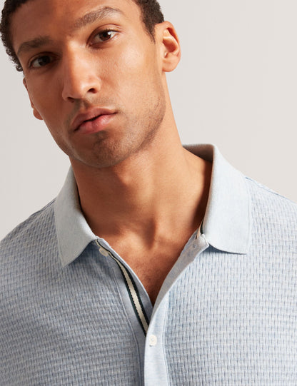Ted Baker CONNYR Textured Knit Button-Through Polo Shirt in Mid Blue