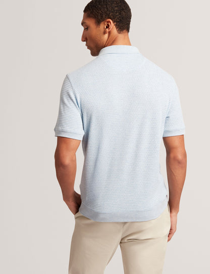 Ted Baker CONNYR Textured Knit Button-Through Polo Shirt in Mid Blue