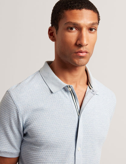 Ted Baker CONNYR Textured Knit Button-Through Polo Shirt in Mid Blue